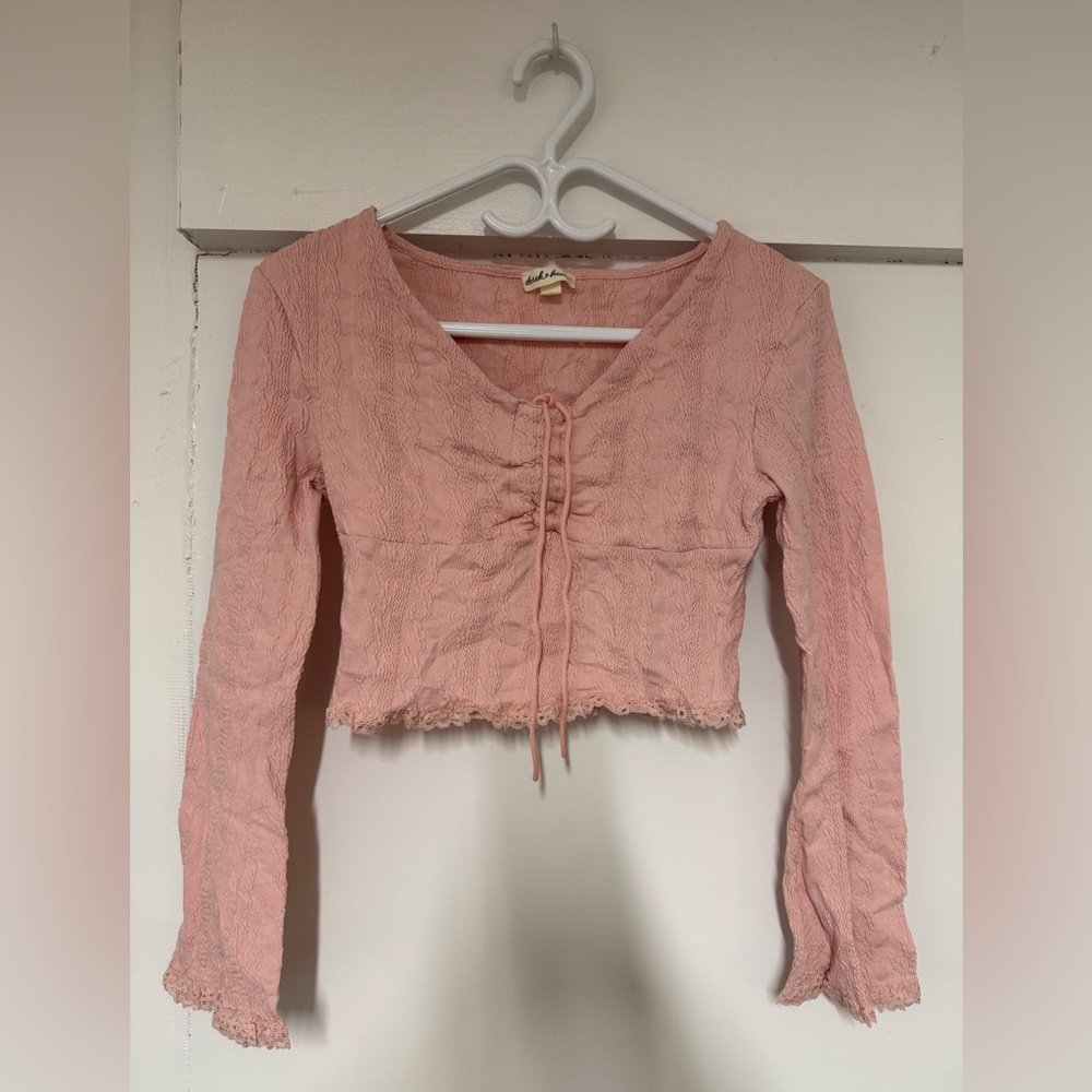 Derek Heart Pink Lace-Trim Ruched Tie-Front Crop Top